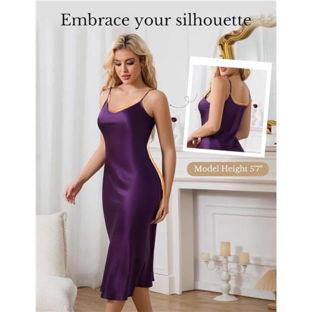 GIFT IDEA - Luxurious 100% SILK CHARMEUSE Royal Purple Slip Dress NWT Size Large - Picture 5 of 5